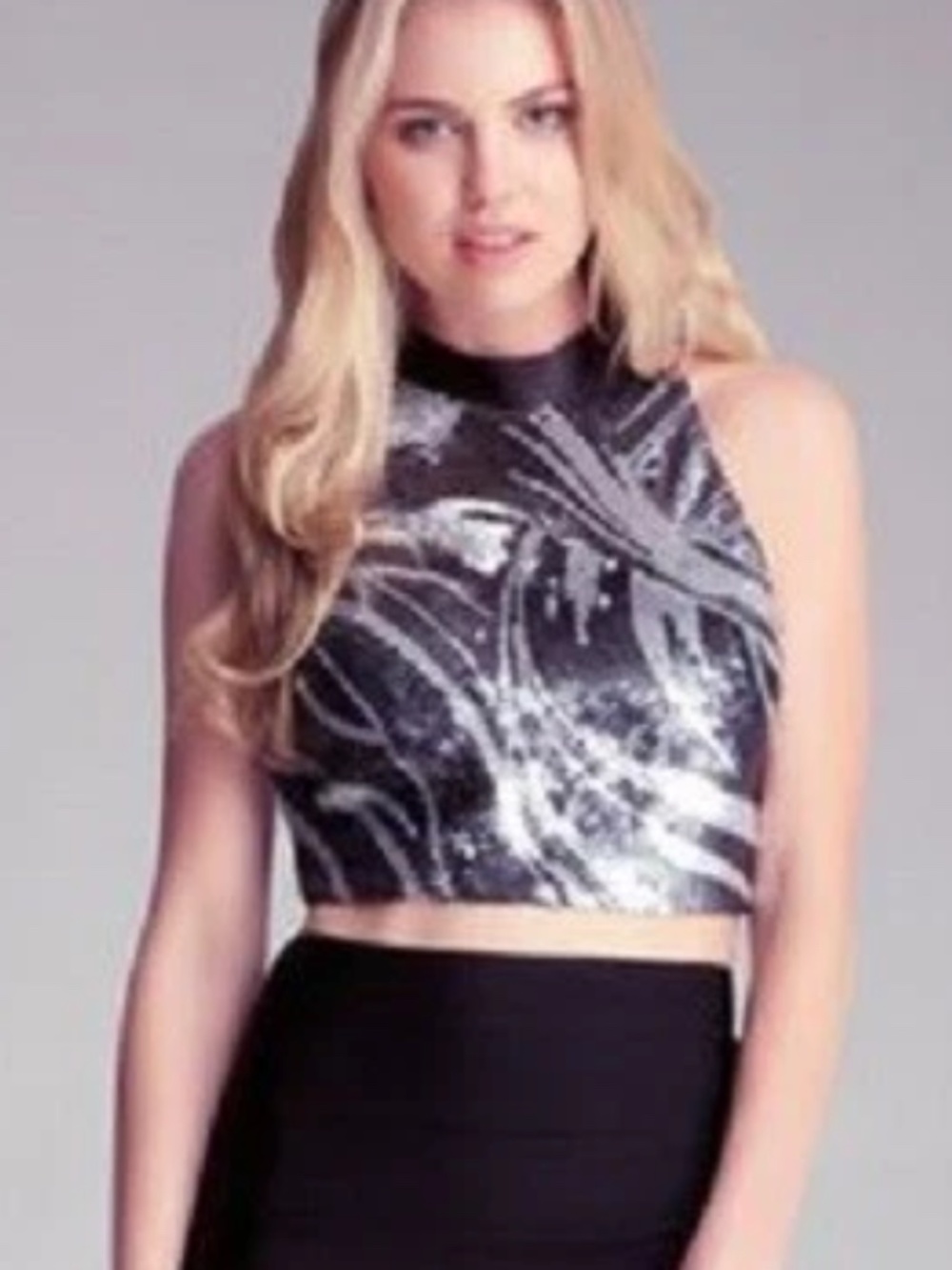 NWT Bebe black silver gray embellished sequins cropped mock neck top